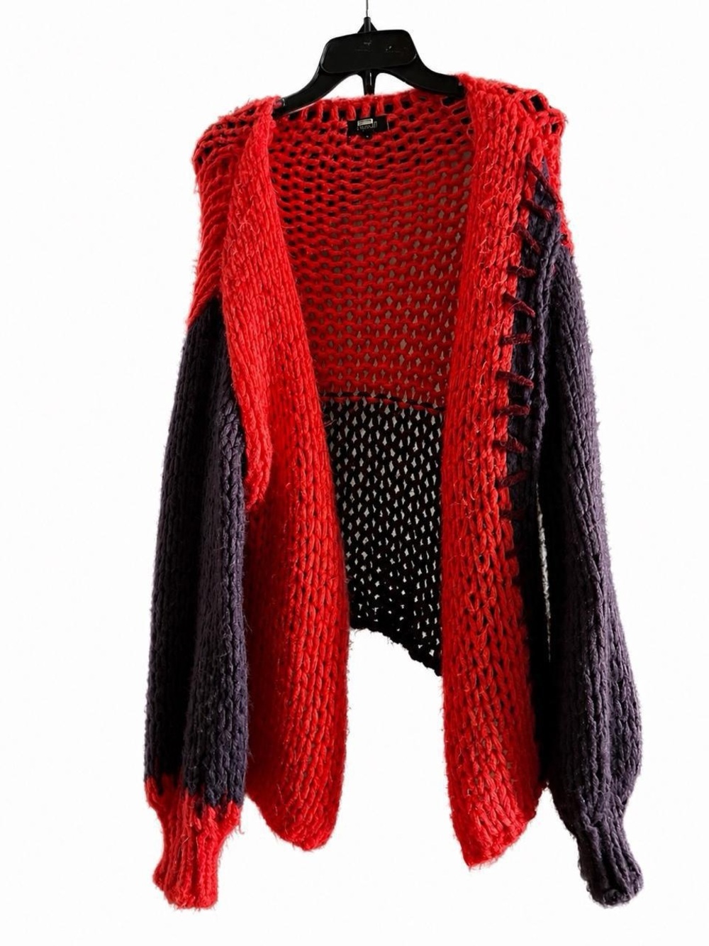 Chunky Open-Front Red & Dark Purple Knit Cardigan Sweater